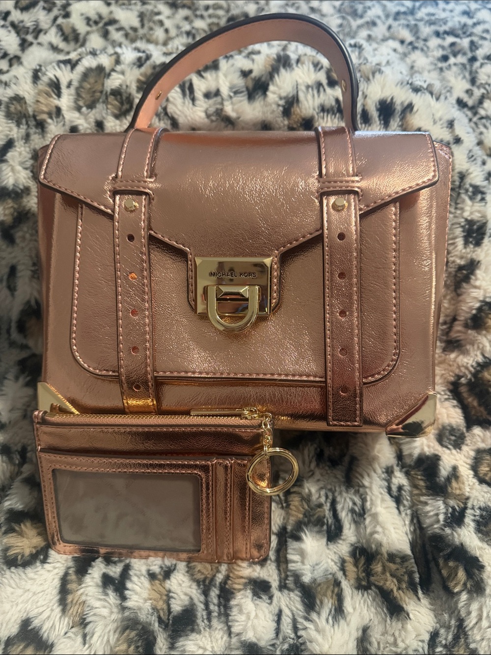 Michael Kors Metallic Rose Manhatten Satchel with Matching Card Case
